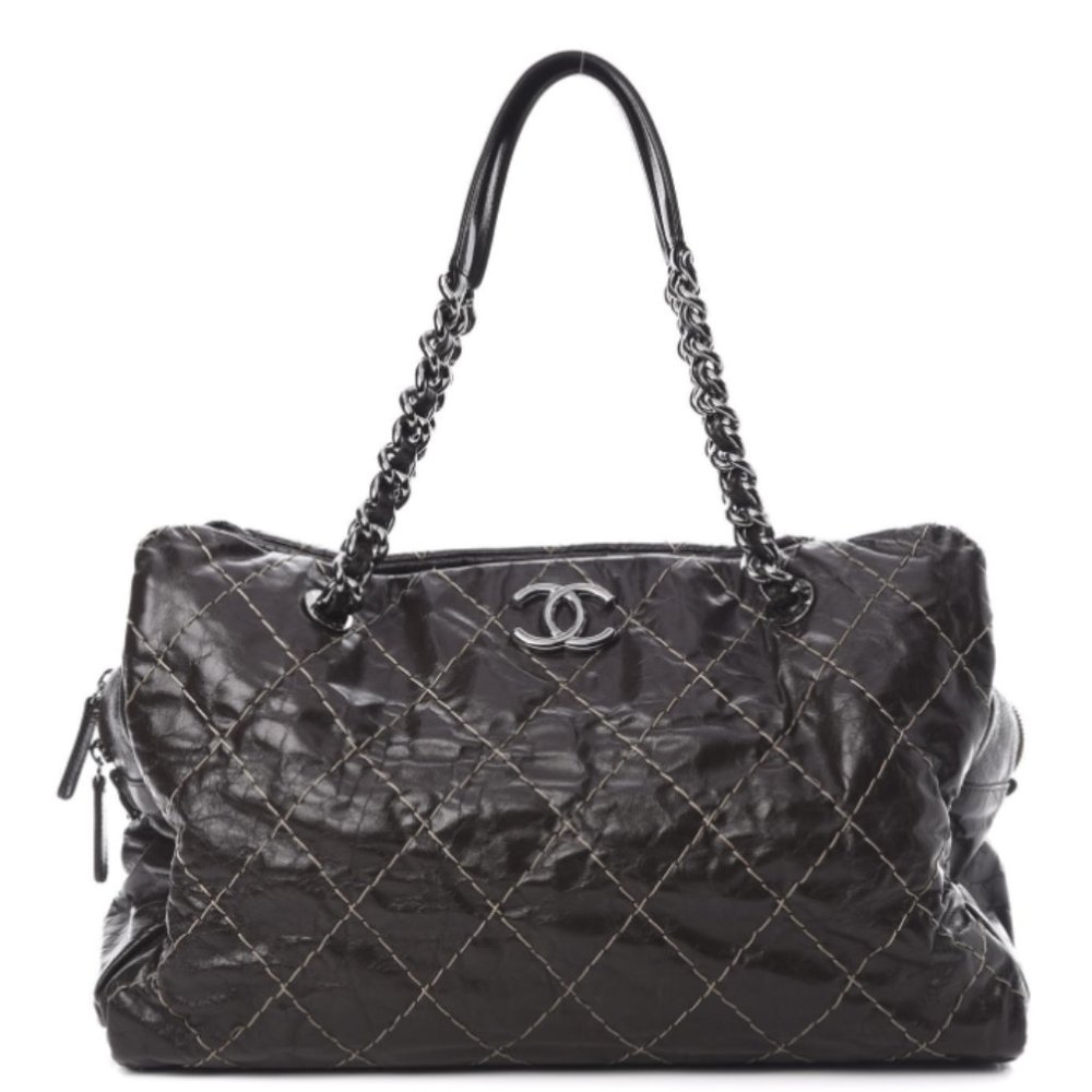 Authentic CHANEL Glazed Goatskin Double Contrast Stitch Large Tote Brown